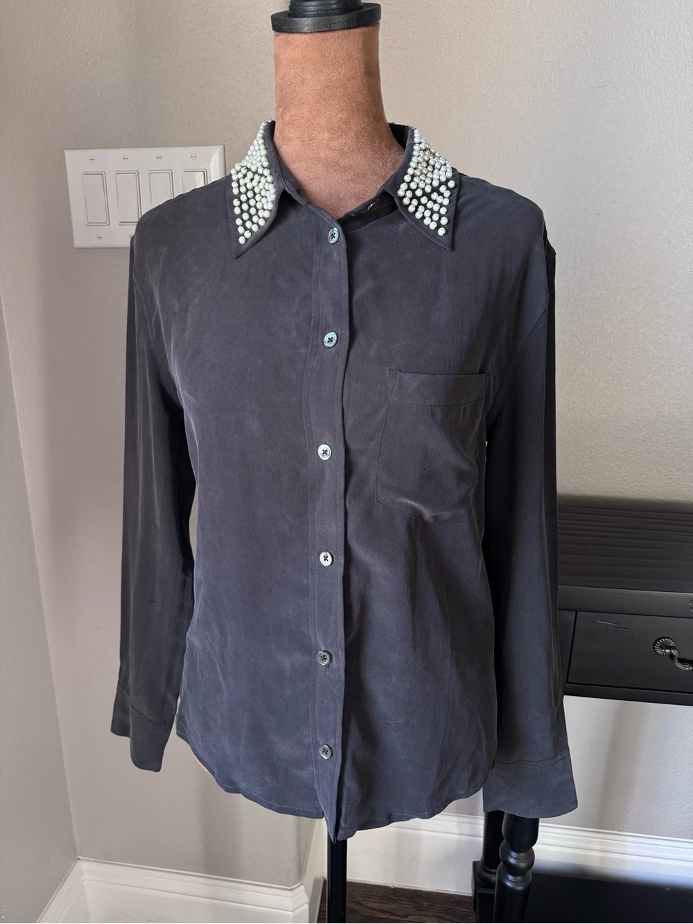 Equipment Femme Pearl Embellished Collar Button Up Silk Blouse Charcoal Gray XS